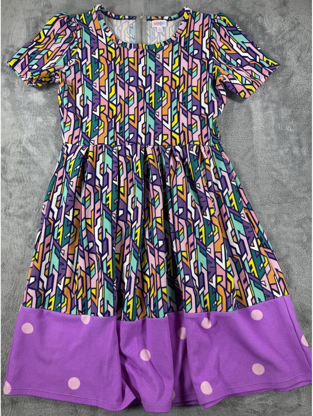 LuLaRoe Amelia Dress Vibrant Geometric Pattern with Purple Polka-Dot Hem Large